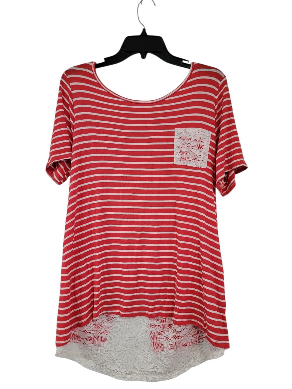 Striped Red Scoop-Neck Tunic with Lace Trim